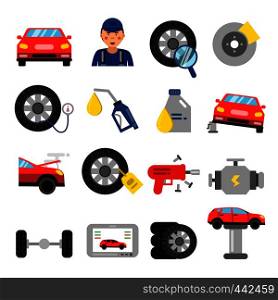 Automobile parts. Wheels and tires service of cars. Vector pictures in flat style. Automobile service repair and auto maintenance illustration. Automobile parts. Wheels and tires service of cars. Vector pictures in flat style
