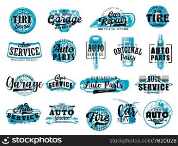 Automobile spare parts workshop, car repair and diagnostic service center lettering icons. Vector automotive garage and mechanic station, tire change or engine spark plugs and brakes replacement. Car diagnostic, auto parts store service lettering