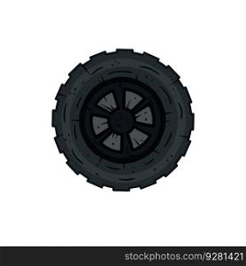 Automobile tire. Cartoon flat illustration. Detail of wheel of car. Black circle object. Repair and maintenance. Automobile tire. Cartoon flat illustration