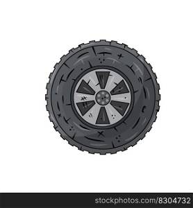 Automobile tire. Repair and maintenance. Cartoon illustration. Detail of wheel of car. Black circle object.