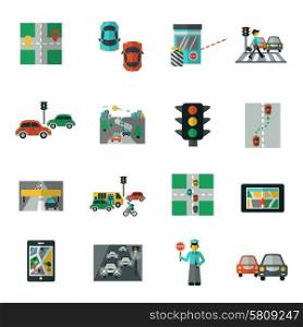 Automobile traffic road transportation icons flat set isolated vector illustration. Traffic Icons Flat Set