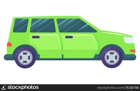 Automobile vector, isolated auto car. Vehicle driving auto moving forward speedy transport. Transportation green color of riding jeep flat style illustration in flat style design for web, print. Car Transport, Jeep Vehicle Modern Automobile