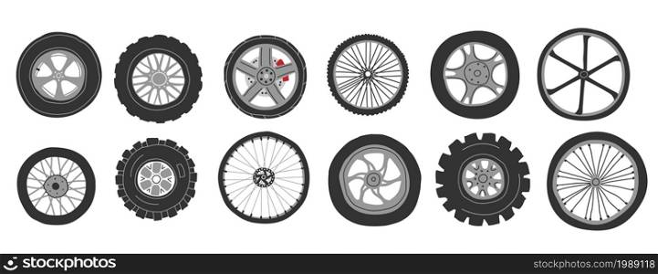 Automobile wheels. Doodle car tires. Tractor and motorcycle round disks. Bicycle and light vehicle tyres set with different shapes and sizes. Rubber rims. Vector hand drawn trendy transport elements. Automobile wheels. Doodle car tires. Tractor and motorcycle disks. Bicycle and light vehicle tyres set with different shapes and sizes. Rubber rims. Vector hand drawn transport elements