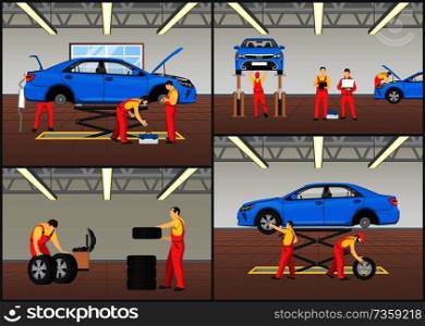 Automobile workshop set of vector illustrations mechanics in work equipment and vehicles on lifts, wheels or tyre fitting, engine inspection service. Automobile Workshop Set of Vector Illustrations