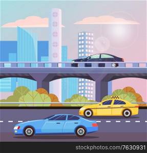 Automobiles going by road and autobahn in city. Skyscraper view, sunny shine, taxi and auto moving in downtown, high building and transport. Vector illustration in flat cartoon style. Automobile in City, Skyscraper View, Auto Vector