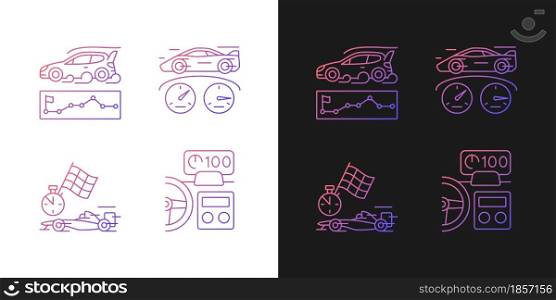 Automobiles racing for competition gradient icons set for dark and light mode. Rallying event. Thin line contour symbols bundle. Isolated vector outline illustrations collection on black and white. Automobiles racing for competition gradient icons set for dark and light mode