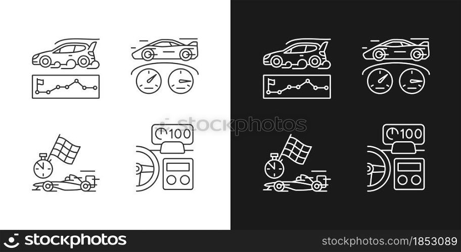 Automobiles racing for competition linear icons set for dark and light mode. Rallying event. Test car limits. Customizable thin line symbols. Isolated vector outline illustrations. Editable stroke. Automobiles racing for competition linear icons set for dark and light mode