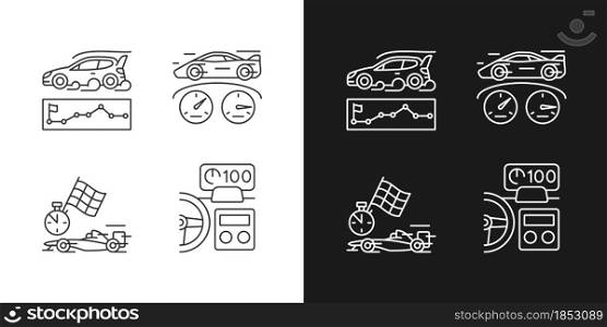 Automobiles racing for competition linear icons set for dark and light mode. Rallying event. Test car limits. Customizable thin line symbols. Isolated vector outline illustrations. Editable stroke. Automobiles racing for competition linear icons set for dark and light mode