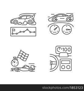 Automobiles racing for competition linear icons set. Rallying event. Test car limits. Head up display. Customizable thin line contour symbols. Isolated vector outline illustrations. Editable stroke. Automobiles racing for competition linear icons set