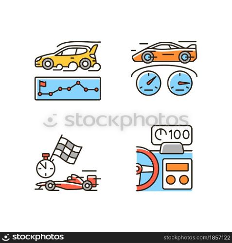 Automobiles racing for competition RGB color icons set. Rallying event. Test car limits. Professional motorsport. Head up display. Isolated vector illustrations. Simple filled line drawings collection. Automobiles racing for competition RGB color icons set