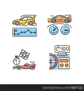 Automobiles racing for competition RGB color icons set. Rallying event. Test car limits. Professional motorsport. Head up display. Isolated vector illustrations. Simple filled line drawings collection. Automobiles racing for competition RGB color icons set