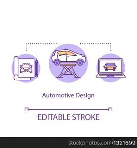 Automotive design concept icon. Vehicle exterior sketching and computer aided styling idea thin line illustration. Automobile manufacture. Vector isolated outline RGB color drawing. Editable stroke