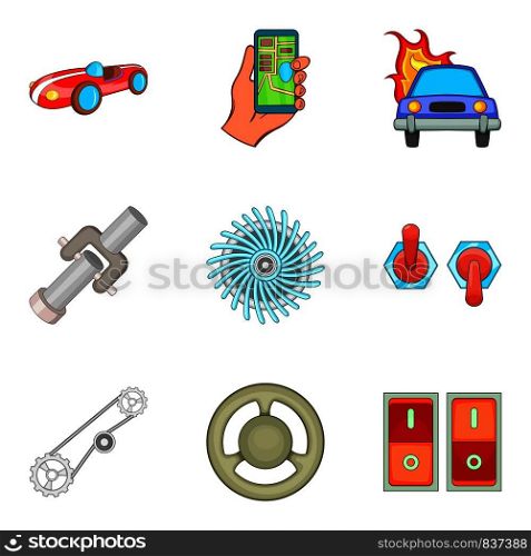 Automotive electronics icons set. Cartoon set of 9 automotive electronics vector icons for web isolated on white background. Automotive electronics icons set, cartoon style