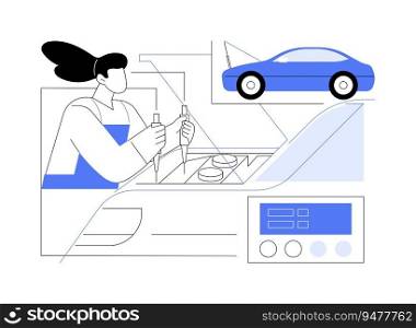 Automotive functionality check abstract concept vector illustration. Factory worker checking car engine quality, vehicle final test, automotive industry, car manufacturing abstract metaphor.. Automotive functionality check abstract concept vector illustration.