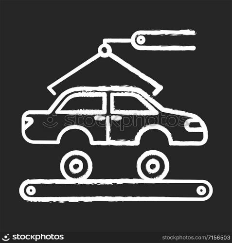 Automotive industry chalk icon. Car production. Vehicle factory. Automobile repair services. Auto facility with crane and conveyor. Machinery, maintenance. Isolated vector chalkboard illustration