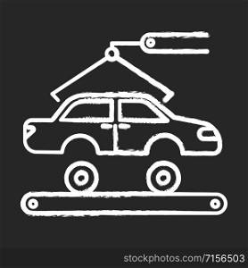 Automotive industry chalk icon. Car production. Vehicle factory. Automobile repair services. Auto facility with crane and conveyor. Machinery, maintenance. Isolated vector chalkboard illustration