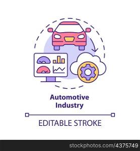 Automotive industry concept icon. Producing virtual vehicle parts abstract idea thin line illustration. Isolated outline drawing. Editable stroke. Roboto-Medium, Myriad Pro-Bold fonts used. Automotive industry concept icon