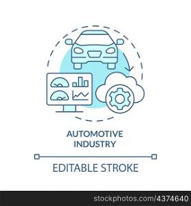 Automotive industry turquoise concept icon. Digital twin usage abstract idea thin line illustration. Isolated outline drawing. Editable stroke. Roboto-Medium, Myriad Pro-Bold fonts used. Automotive industry turquoise concept icon