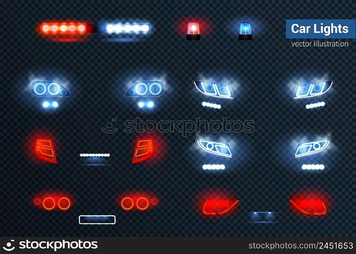 Automotive led lights realistic set with glowing headlights front rear car views dark transparent background vector illustration . Car Lights Realistic Set