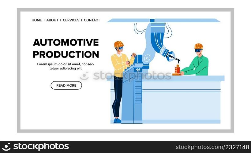 Automotive Production Factory Conveyor Vector. Industrial Robotic Automotive Production Plant Machinery Equipment Inspecting And Checking Serviceman. Characters Web Flat Cartoon Illustration. Automotive Production Factory Conveyor Vector