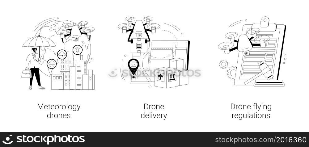 Autonomous aircraft use abstract concept vector illustration set. Meteorology drones, commercial drone delivery, flying regulations, goods shipping, weather prediction, quadrocopter abstract metaphor.. Autonomous aircraft use abstract concept vector illustrations.