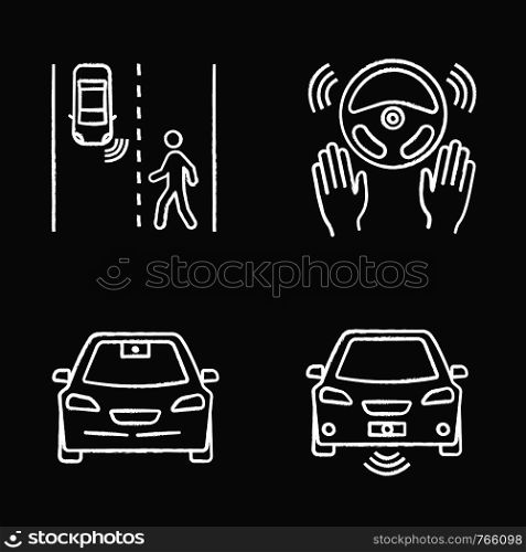 Autonomous car chalk icons set. Detecting pedestrians, full automation, self-driving car video camera, sensor. Isolated vector chalkboard illustrations. Autonomous car chalk icons set