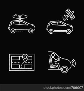 Autonomous car chalk icons set. LIDAR, auto with satellite control, GPS navigator, self-driving car. Isolated vector chalkboard illustrations. Autonomous car chalk icons set