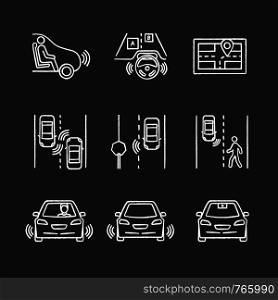 Autonomous car chalk icons set. Self-driving automobile. Sensors, video camera detecting road signs, pedestrians, other vehicles. Isolated vector chalkboard illustrations. Autonomous car chalk icons set