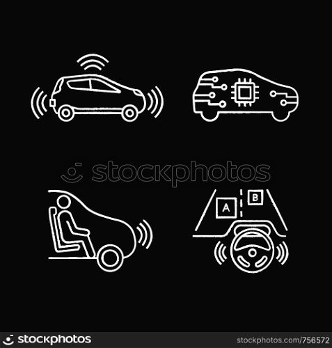 Autonomous car chalk icons set. Sensors, AI auto, full automation automobile, autonomous car tracking objects. Isolated vector chalkboard illustrations. Autonomous car chalk icons set