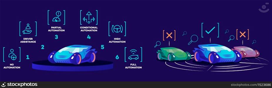 Autonomous car flat color vector illustrations. Advances automobile with different automation modes and usual cars on blue background. Self driving transport advantages, futuristic vehicles