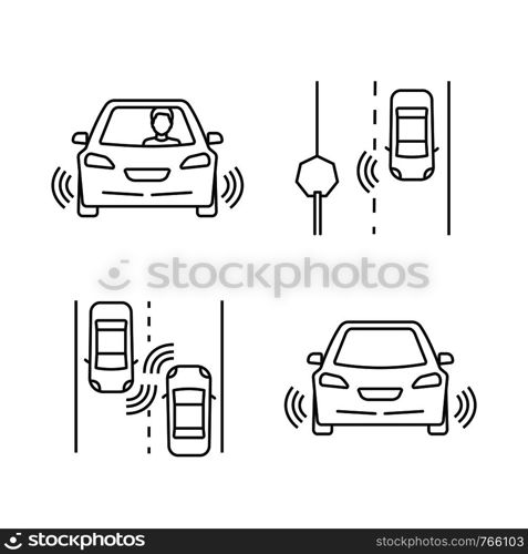 Autonomous car linear icons set. Sensors, self-driving auto detecting road signs and other vehicles. Thin line contour symbols. Isolated vector outline illustrations. Editable stroke. Autonomous car linear icons set