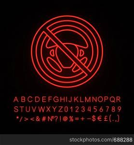 Autonomous car neon light icon. Forbidden sign with car rudder. Autopilot. Driverless car. Glowing sign with alphabet, numbers. Steering wheel in prohibition circle. Vector isolated illustration. Autonomous car neon light icon