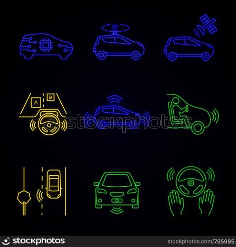 Autonomous car neon light icons set. Self-driving automobile, LIDAR, satellite control. Sensors detecting road signs, other vehicles, pedestrians. Glowing signs. Vector isolated illustrations. Autonomous car neon light icons set
