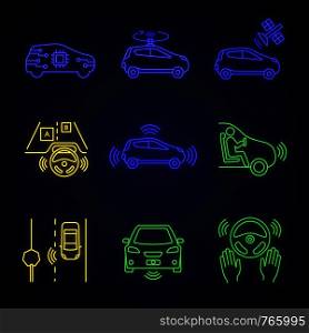 Autonomous car neon light icons set. Self-driving automobile, LIDAR, satellite control. Sensors detecting road signs, other vehicles, pedestrians. Glowing signs. Vector isolated illustrations. Autonomous car neon light icons set