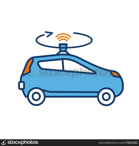 Autonomous car with LIDAR color icon. Smart car with roof sensor or camera. Intelligent auto with autopilot. Self driving automobile. Driverless vehicle. Isolated vector illustration. Autonomous car with LIDAR color icon