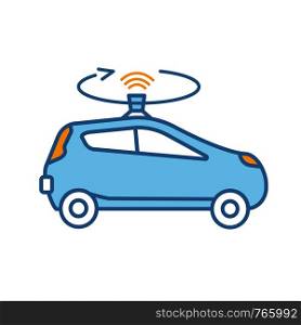 Autonomous car with LIDAR color icon. Smart car with roof sensor or camera. Intelligent auto with autopilot. Self driving automobile. Driverless vehicle. Isolated vector illustration. Autonomous car with LIDAR color icon