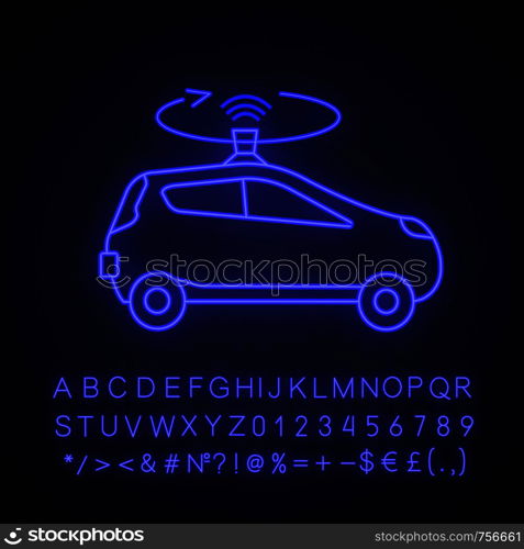 Autonomous car with LIDAR neon light icon. Smart car with roof sensor or camera. Intelligent auto with autopilot. Self driving automobile. Glowing alphabet, numbers. Vector isolated illustration. Autonomous car with LIDAR neon light icon