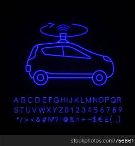 Autonomous car with LIDAR neon light icon. Smart car with roof sensor or camera. Intelligent auto with autopilot. Self driving automobile. Glowing alphabet, numbers. Vector isolated illustration. Autonomous car with LIDAR neon light icon