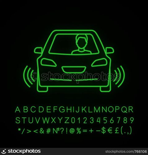 Autonomous car with partial automation neon light icon. Smart car with ultrasonic, odometry sensors signals. Auto with driver assistance. Glowing alphabet, numbers. Vector isolated illustration. Autonomous car with partial automation neon light icon