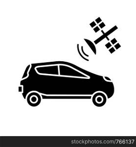 Autonomous car with satellite control glyph icon. Smart car with GNSS. Self driving automobile with Global Navigation Satellite system. Driverless vehicle. Silhouette vector isolated illustration. Autonomous car with satellite control glyph icon