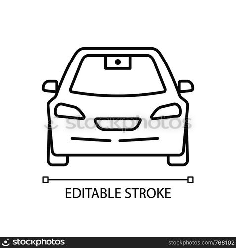 Autonomous car with video camera linear icon. Smart car front view. Intelligent auto. Thin line illustration. Self driving automobile. Driverless vehicle. Vector isolated drawing. Editable stroke. Autonomous car with video camera linear icon