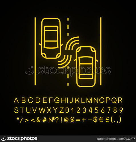 Autonomous cars on road neon light icon. Driverless auto radar sensor detecting other vehicles. Self driving automobiles. Glowing sign with alphabet, numbers and symbols. Vector isolated illustration. Autonomous cars on road neon light icon