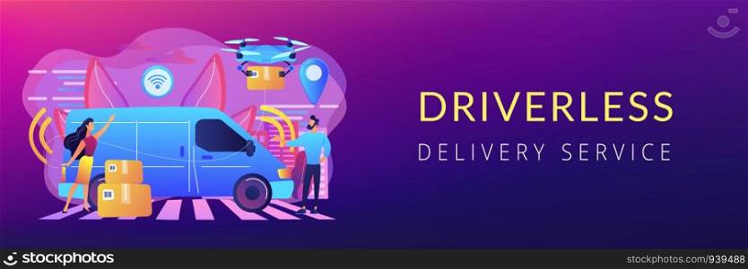 Autonomous delivery van with sensors and drone delivering parcel. Autonomous courier, driverless delivery service, modern parcel services concept. Header or footer banner template with copy space.. Autonomous courier concept banner header.