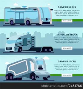 Autonomous driverless vehicles navigation systems 3 flat horizontal website banners with bus truck and car vector illustration . Autonomous Driverless Vehicles Banners