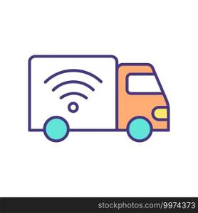 Autonomous driving truck RGB color icon. Self-driving capabilities. Safe truck operation and control. Assistance and connectivity systems. Automated vehicle technologies. Isolated vector illustration. Autonomous driving truck RGB color icon