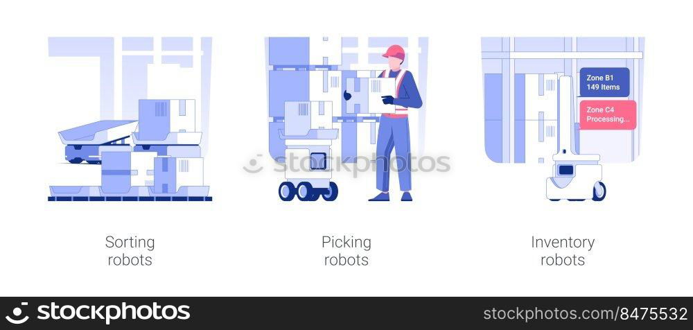 Autonomous mobile robots isolated concept vector illustration set. Sorting and picking robots, inventory technology in retail store, unit load, wholesale and warehousing business vector cartoon.. Autonomous mobile robots isolated concept vector illustrations.