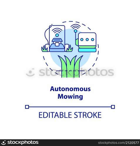 Autonomous mowing concept icon. Robotic equipment in agriculture abstract idea thin line illustration. Isolated outline drawing. Editable stroke. Roboto-Medium, Myriad Pro-Bold fonts used. Autonomous mowing concept icon