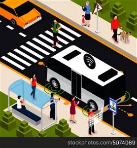 Autonomous vehicle isometric composition with pedestrians on crosswalk passenger on public transport stop waiting unmanned bus vector illustration . Autonomous Vehicle Isometric Composition