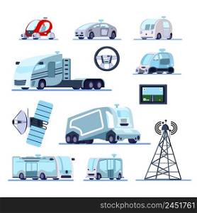 Autonomous vehicles cruise system flat icons set with unmanned car truck bus radar gps controlled vector illustration . Autonomous Driverless Vehicles Set