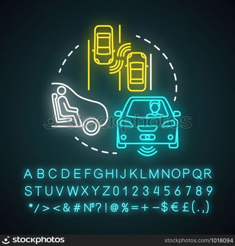 Autopilot neon light concept icon. Autonomous car, driverless vehicle. Smart car. Self-driving auto idea. Glowing sign with alphabet, numbers and symbols. Vector isolated illustration